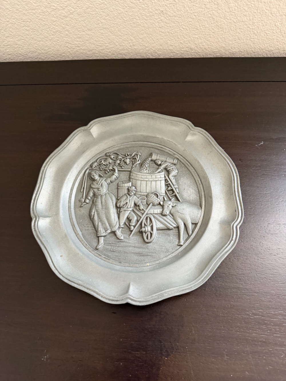 Vintage German Pewter Wall Plate in Silver Finish Traditional Grape Harvest 8.5
